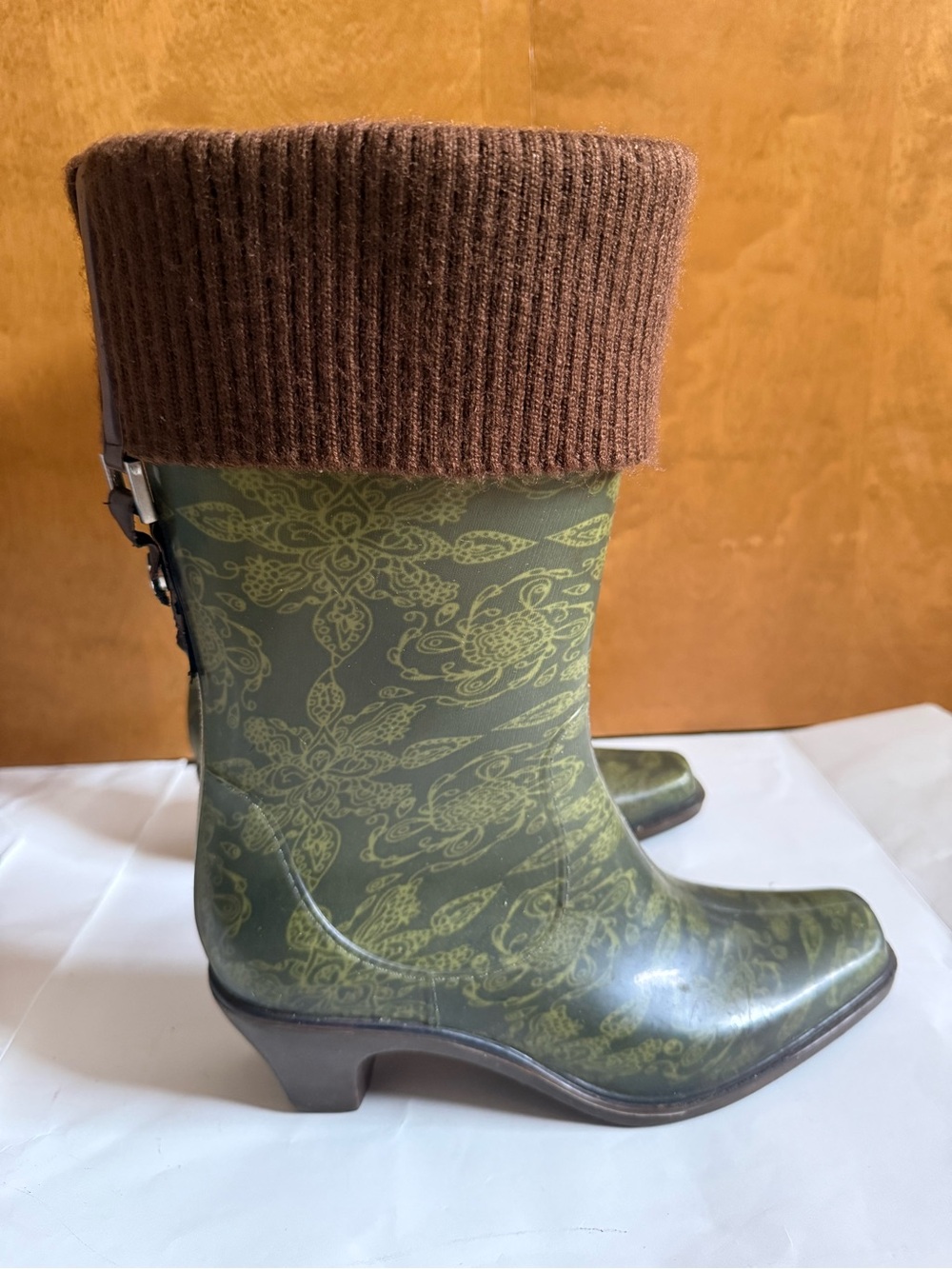 DAV Olive Green floral print rain boots with brown knit ribbed cuff heeled boots